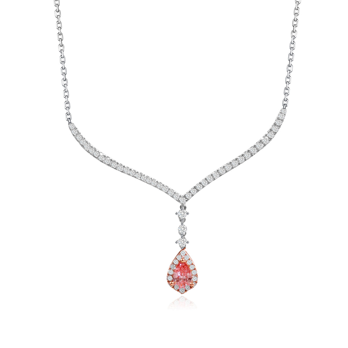 Halo Pink Waterdrop Lab Grown Diamond Elegant Curved Line Pendant Necklace (0.6 Ct Tw)