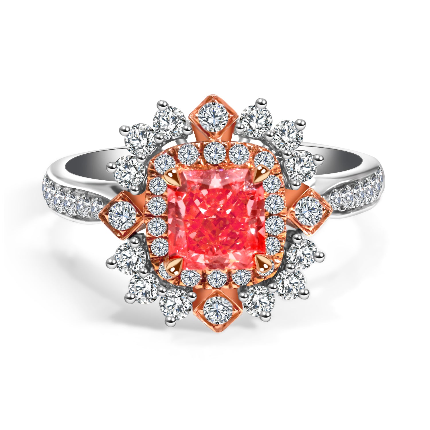 Two Tone Radiant Dou Halo Pink Lab Grown Diamond Engagement Ring in 18k Gold ()