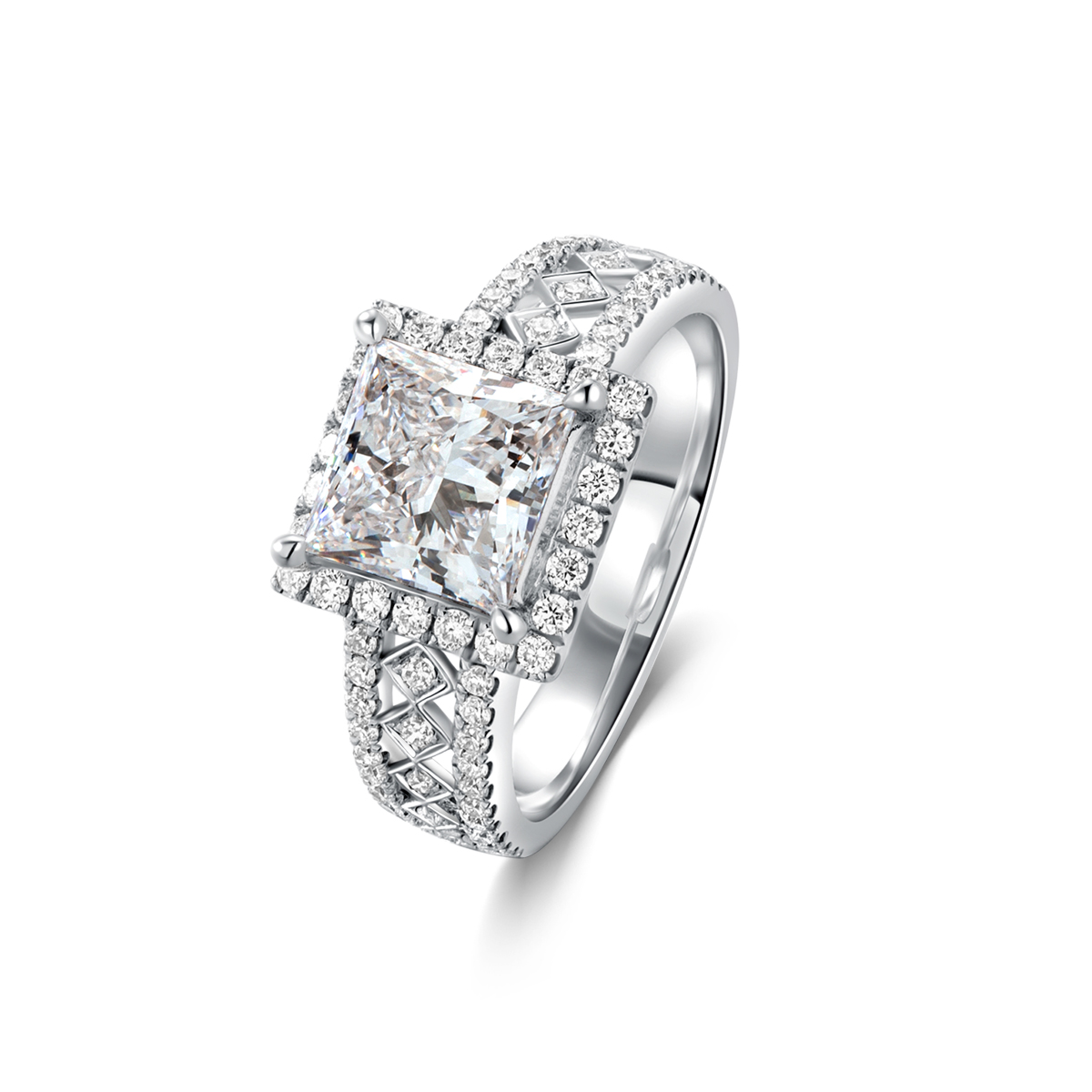 1.8 Carat Center Stone Halo Princess Cut Lab Grown Diamond Filigree Pave Engagement Diamond (2.2 Ct Tw)-Light Mark