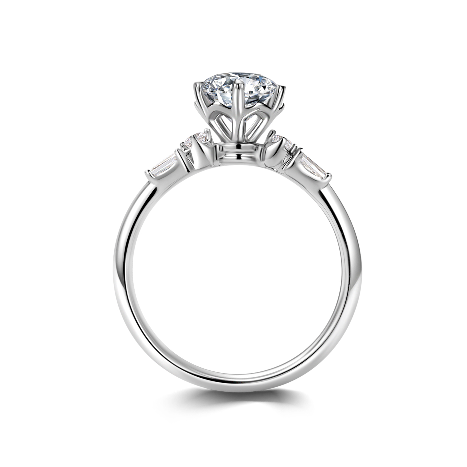 Petal Fit Round Cut Lab Grown Diamond Side Stone Band Engagement RIng in 18k Gold