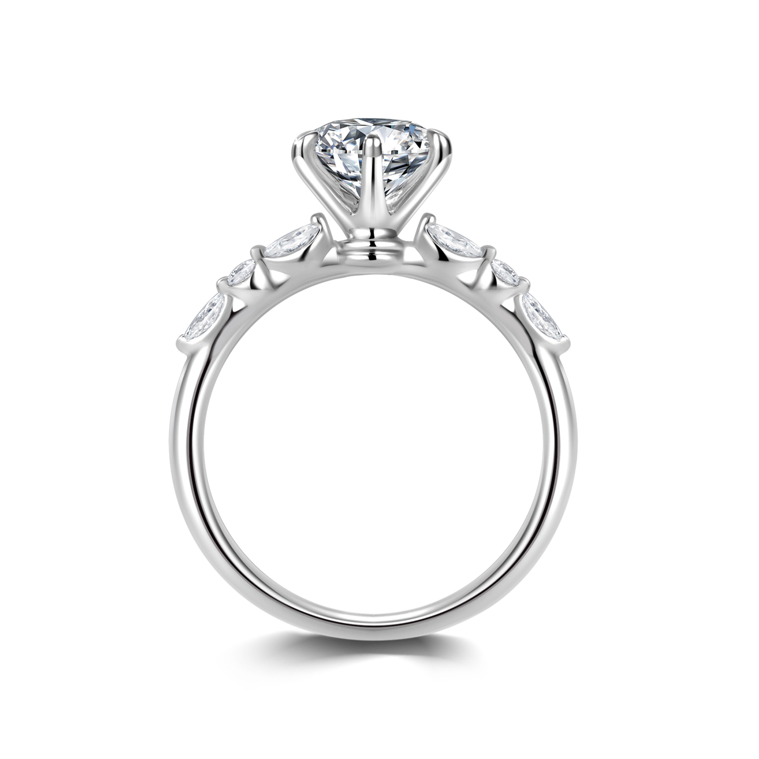 6 Prong Round Cut Lab Grown Diamond with Half Bezel Beaded Diamond Band Engagement Ring in 18k Gold