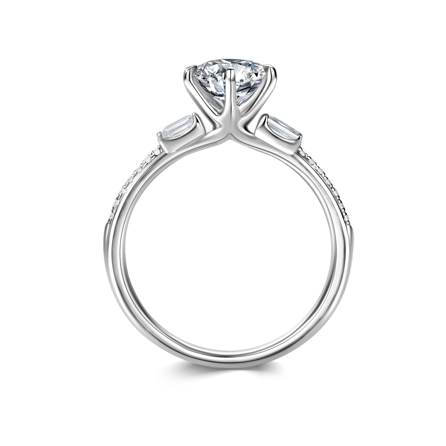 Brilliant Round Cut Lab Grown Diamond with Baguette Diamond Side Stone Engagement Ring in 18k Gold
