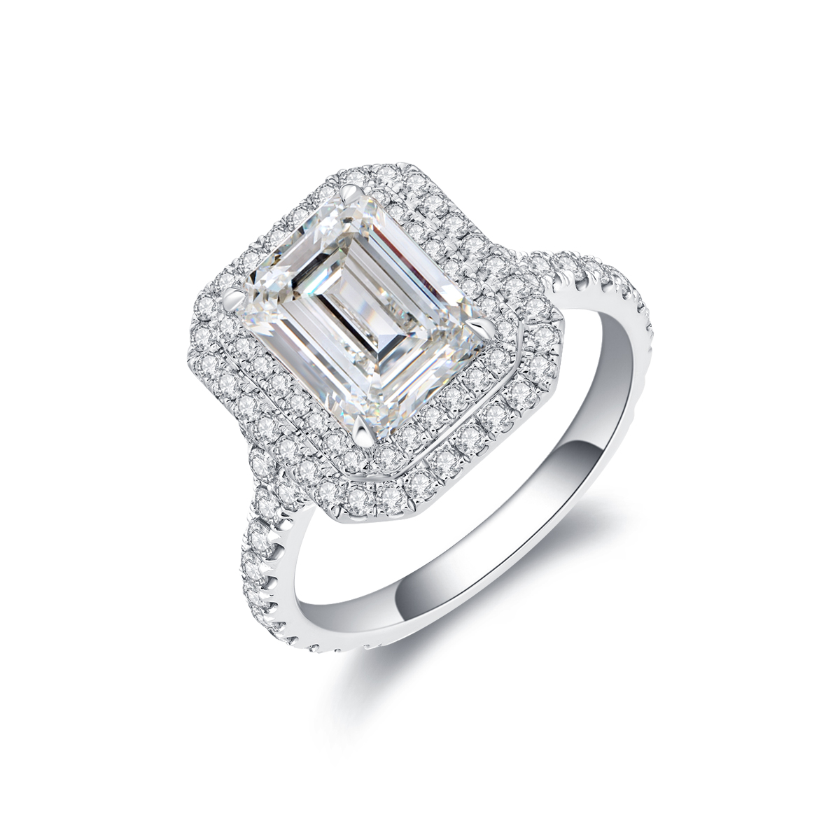 3 Carat Center Stonet Double Halo Emerald Cut Lab Grown Diamond Engagement Ring  (3.7 Ct Tw)-Light Mark