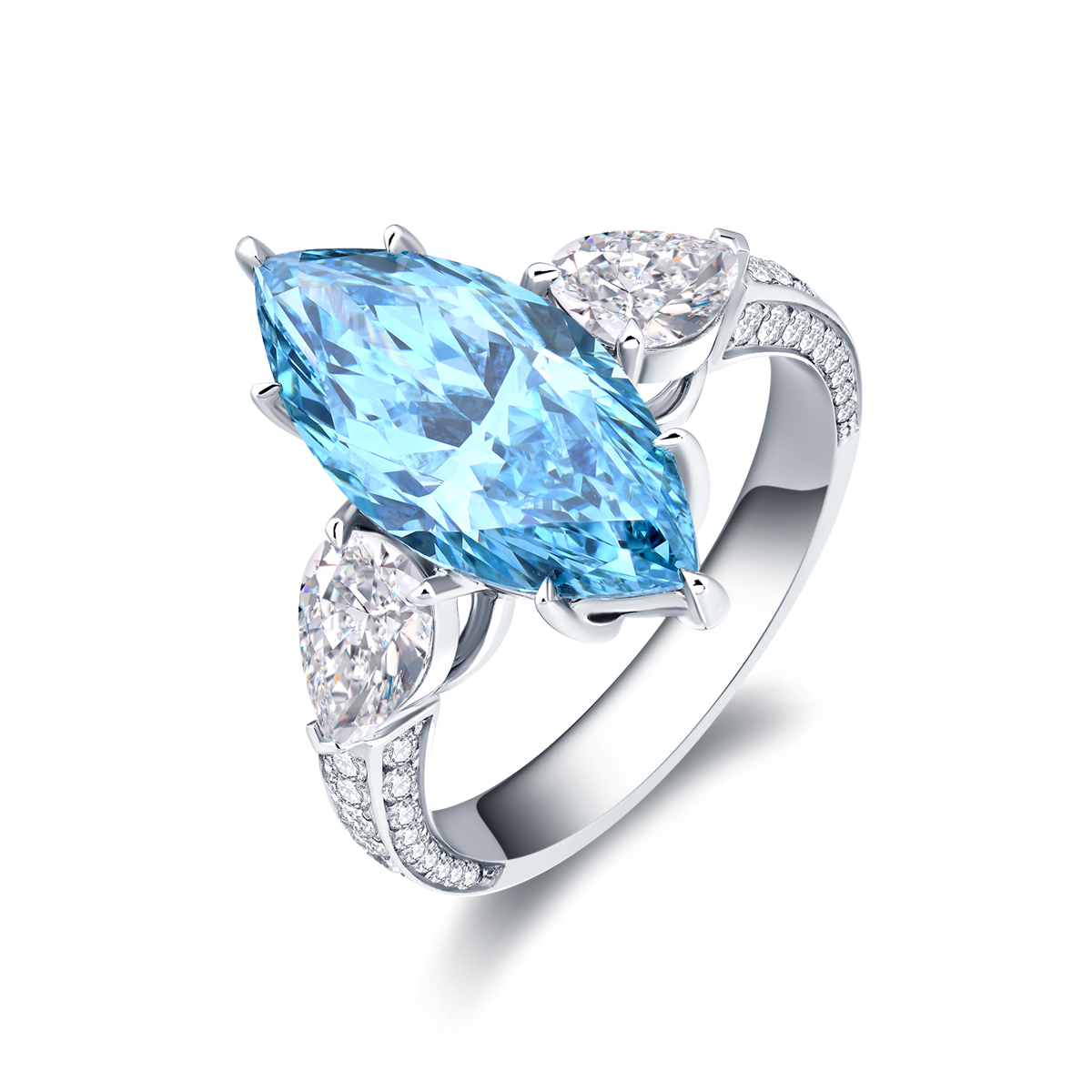 3.7 Carat Center Stone Luxe Blue Marquise Cut Lab Grown Diamond Three Stone Engagement Ring (5 Ct Tw)-Light Mark