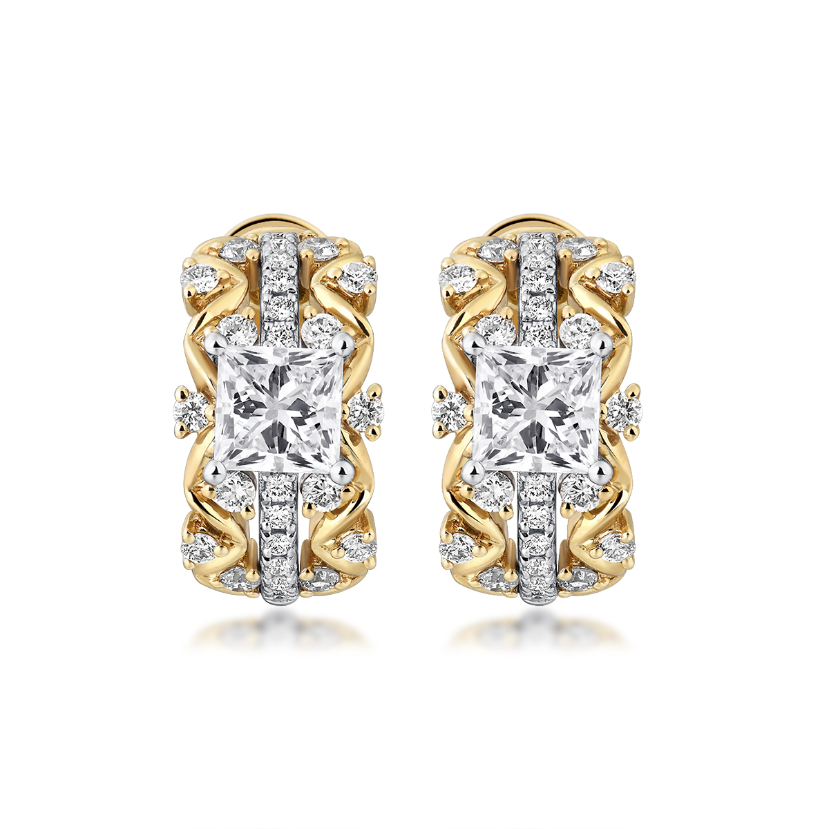 1.4 Total Carat Winding Ivy Princess Cut Lab Grown Diamond Two Tone Stud Earrings in 18k Yellow Gold