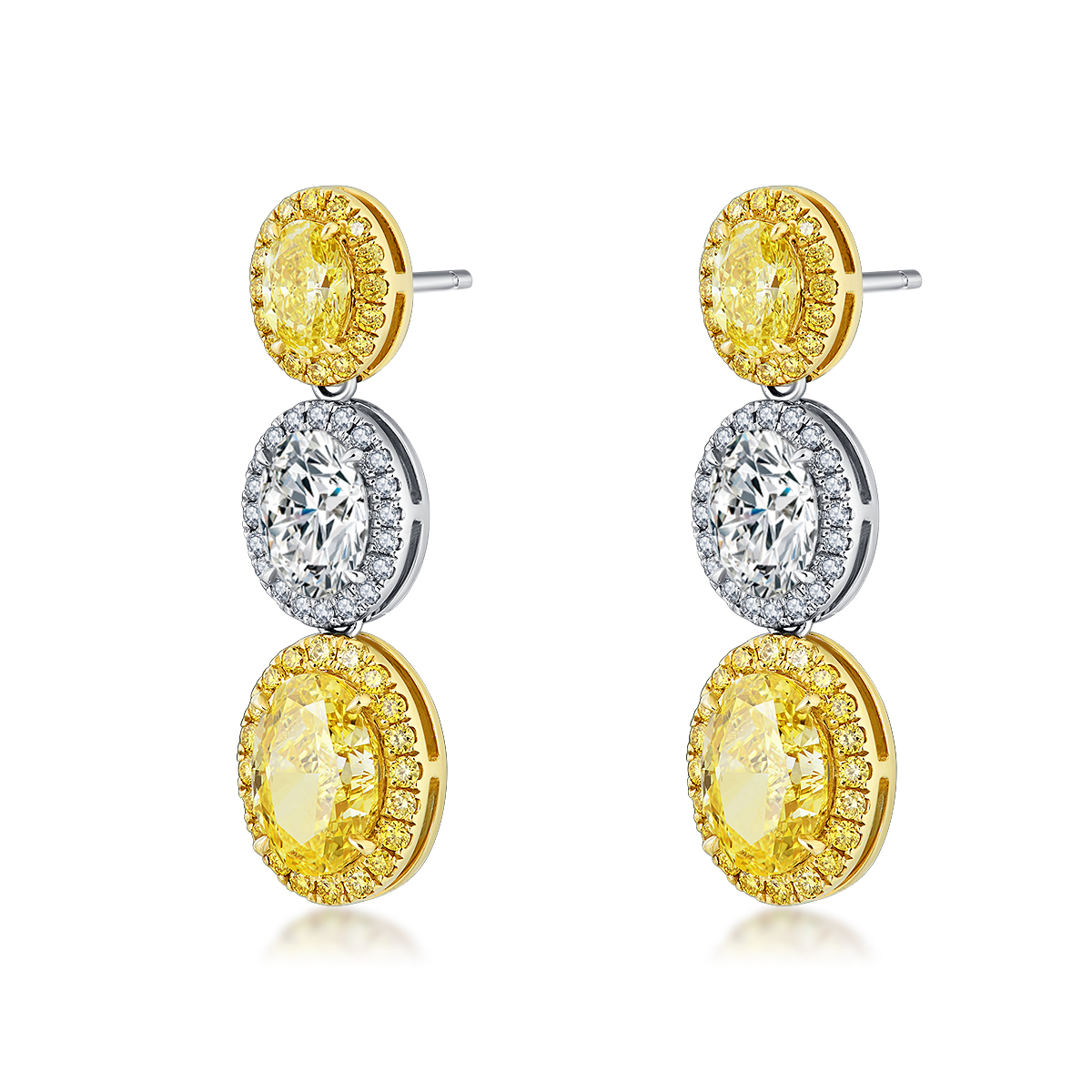 4.4 Carat Total Weight Halo Oval Three Stone Yellow and White Lab Grown Diamond Drop Earrings-Light Mark