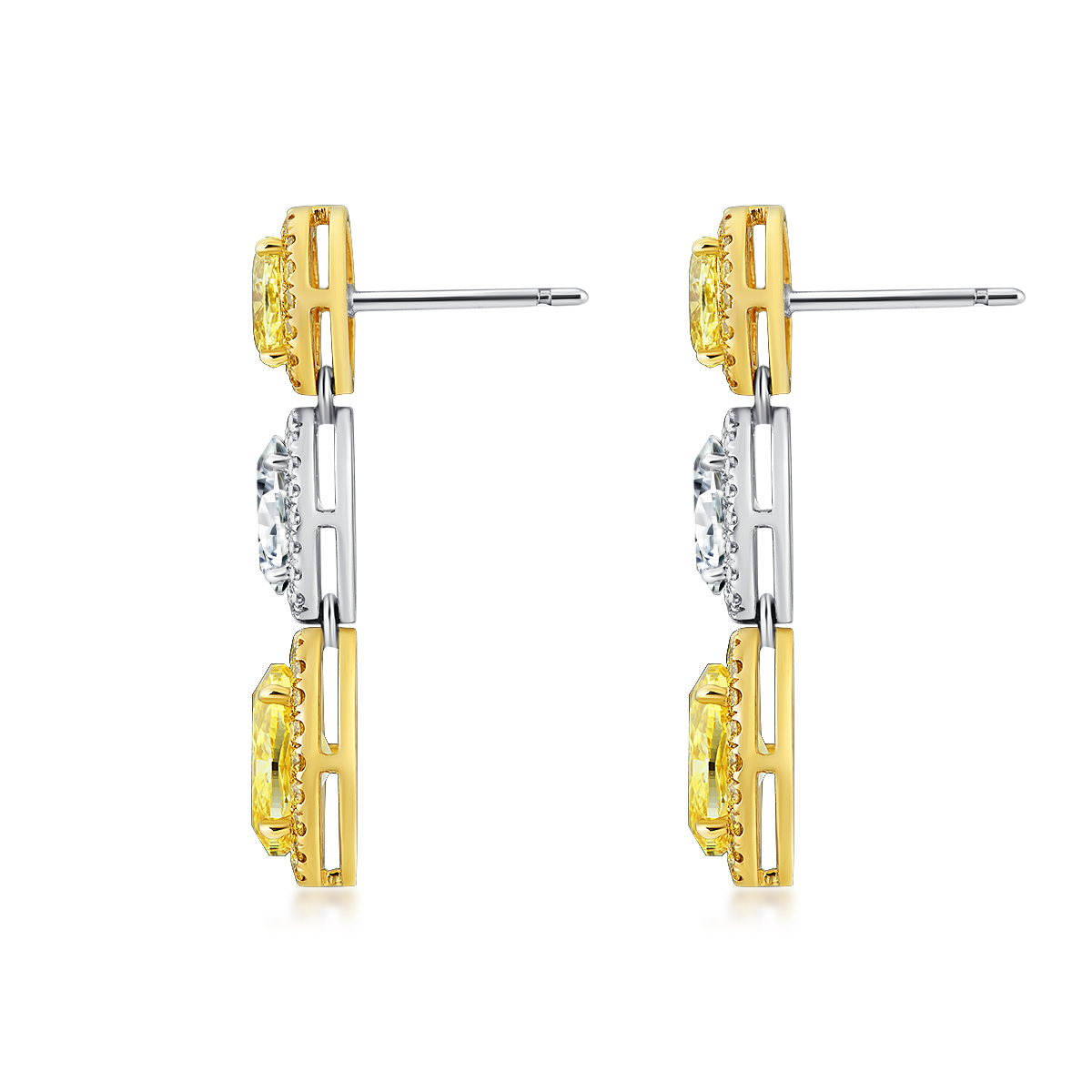 4.4 Carat Total Weight Halo Oval Three Stone Yellow and White Lab Grown Diamond Drop Earrings-Light Mark