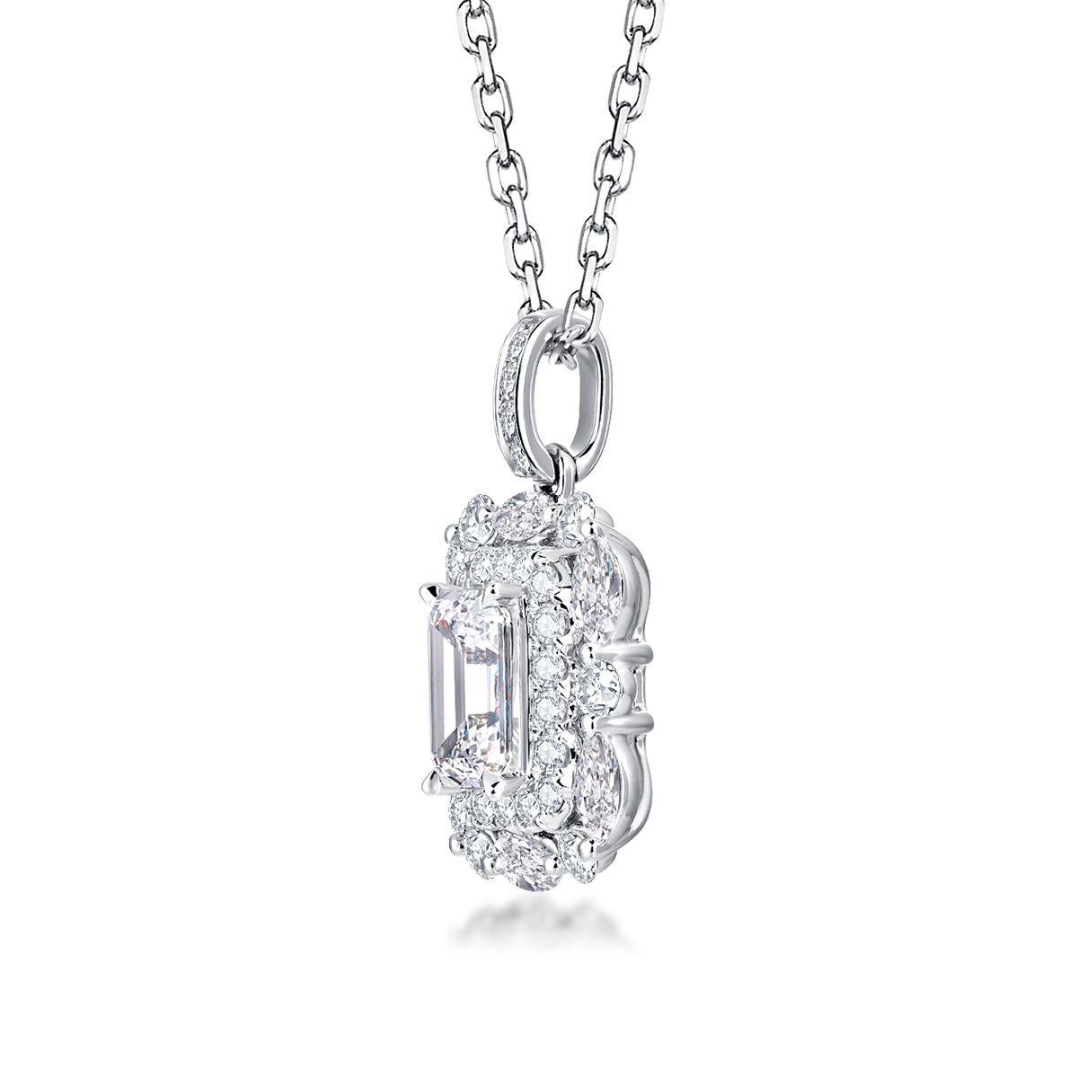0.8 Carat Center Stone Mix Shape Diamond Double Halo Emerald Cut Pendant Necklace  (1.4 Ct Tw)-Light Mark