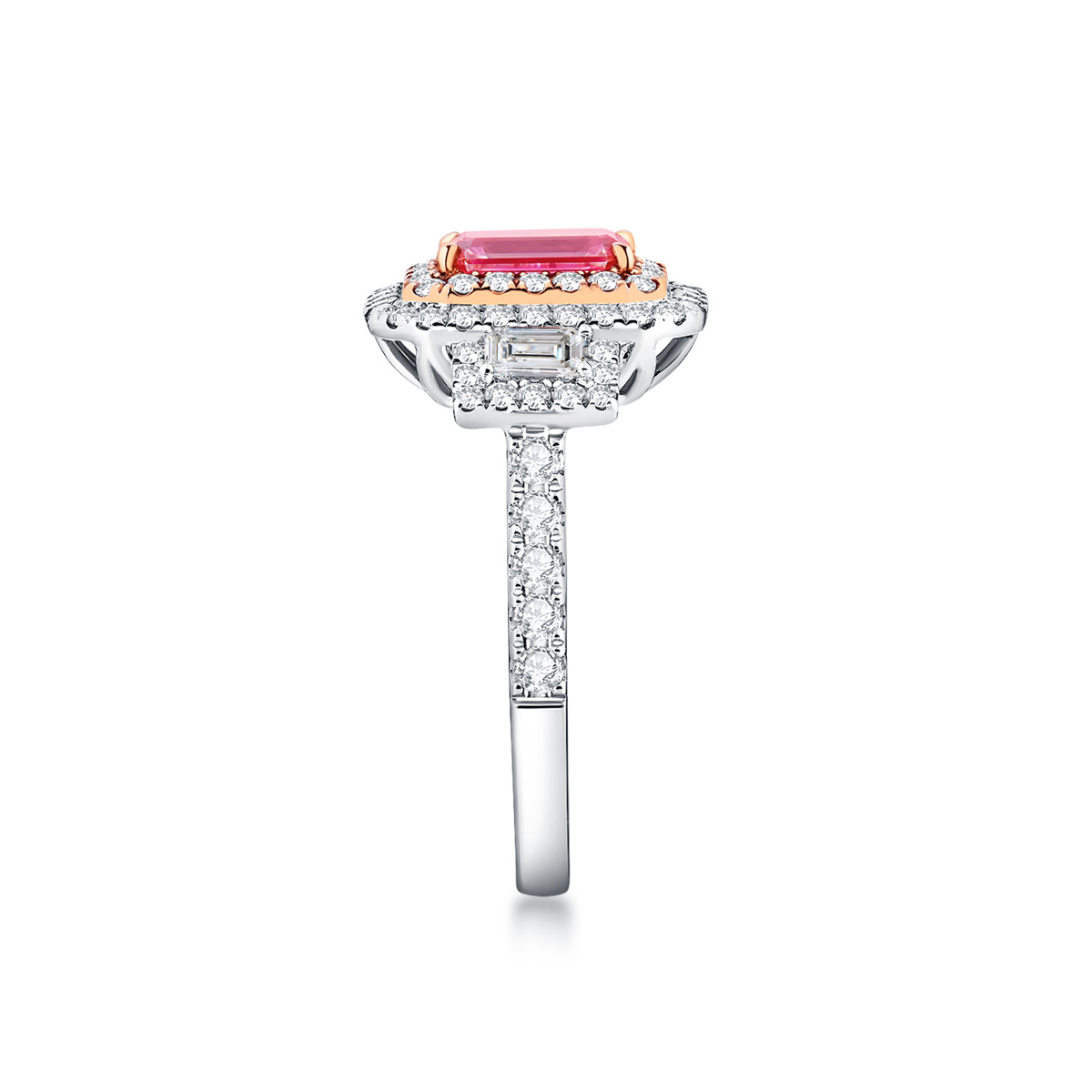 Halo Emerald Cut Pink Lab Three Stone Engagement Ring in 18k Gold ( 1.7 Ct Tw)