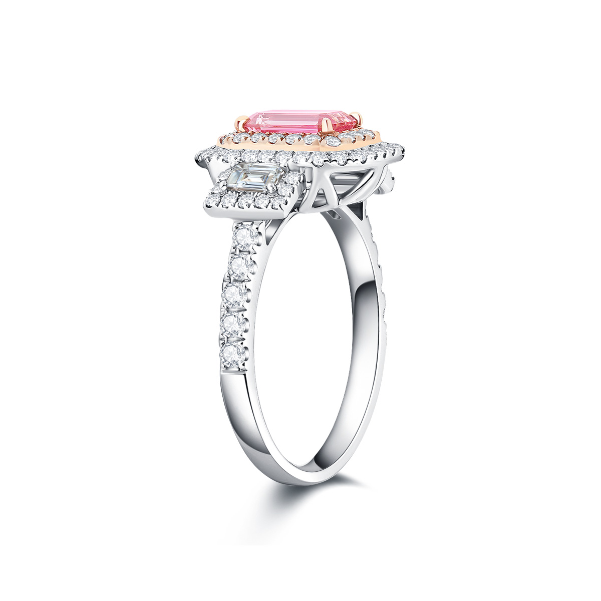 Halo Emerald Cut Pink Lab Three Stone Engagement Ring in 18k Gold ( 1.7 Ct Tw)