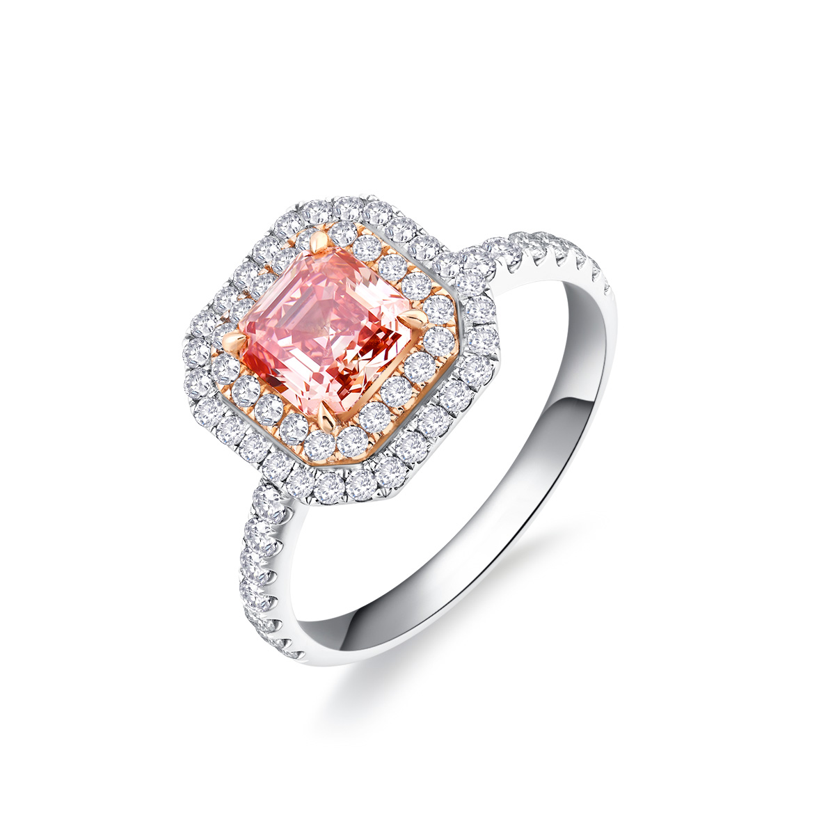 1 Carat Pink Radiant Cut Lab Grown Diamond Center Stone Double Halo Enagegement Ring in 18k Gold ( 1.5 Ct Tw)-Light Mark