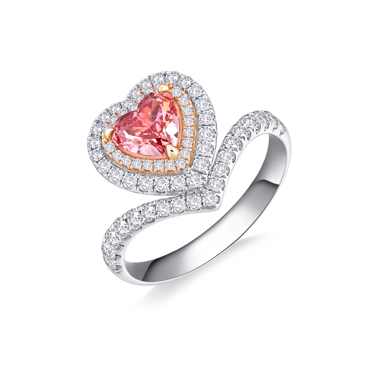 Pink Heart Cut Lab Grown Diamond V-Shape Doouble Halo Engagement Ring in 18k Gold  ( 1.3 Ct Tw)