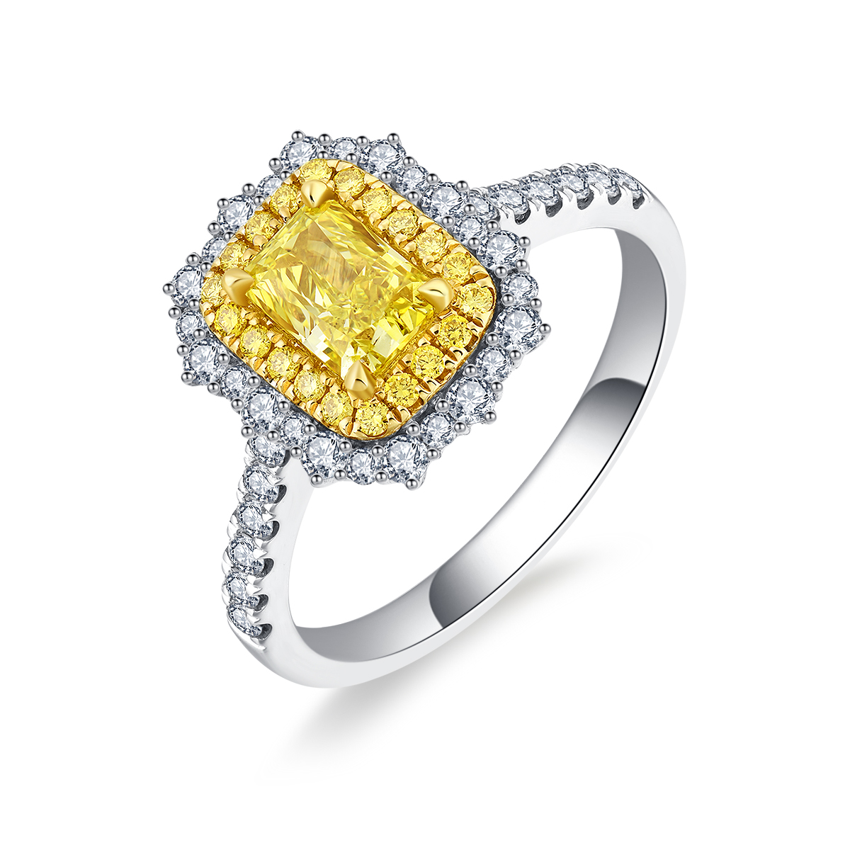 0.8 Carat Center Stone Yellow Radiant Cut Lab Grown Diamond Halo Engagement Ring (1.4 Ct. Tw)