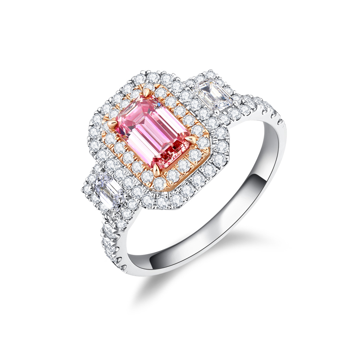 Halo Emerald Cut Pink Lab Three Stone Engagement Ring in 18k Gold ( 1.7 Ct Tw)