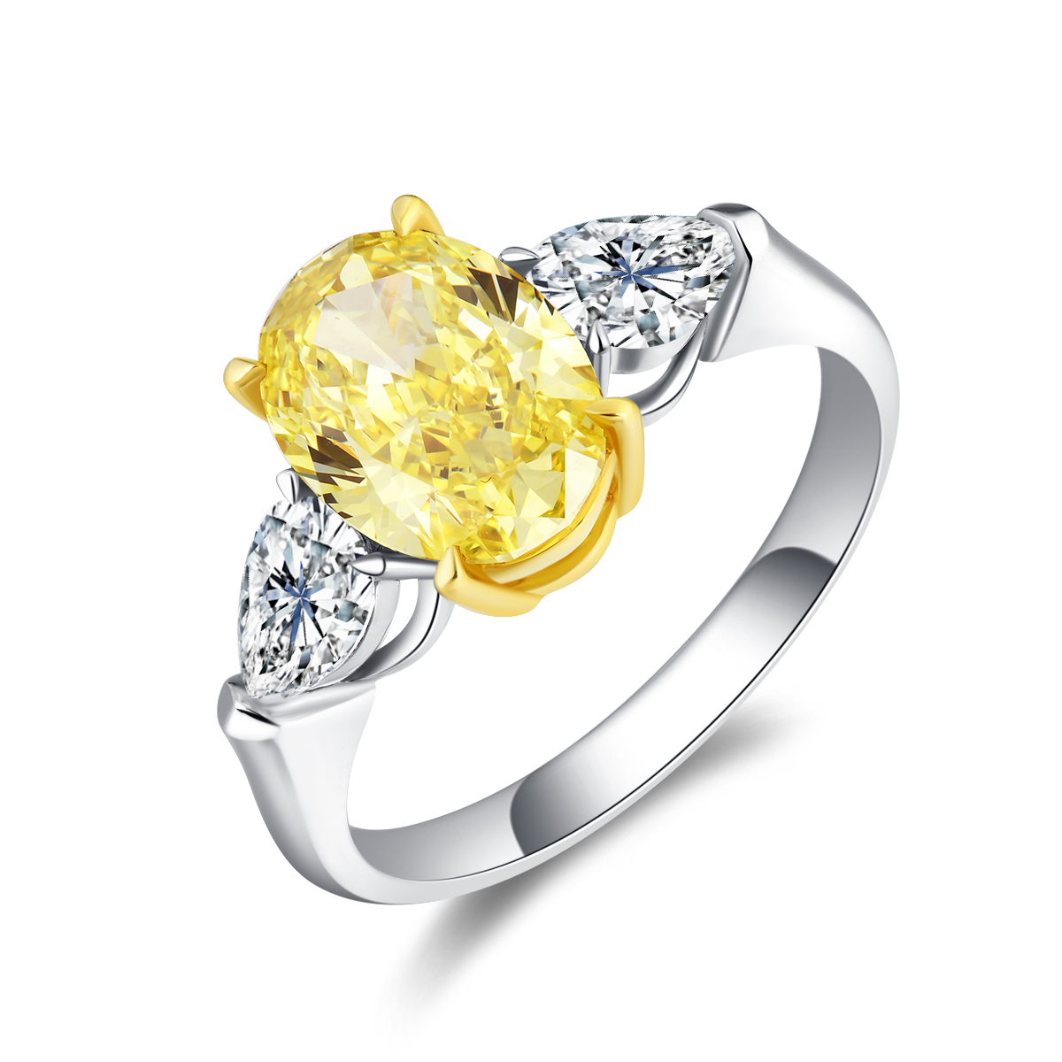 2.4 Carat Center Stone Yellow and White Oval Cut Three Stone Lab Grown Diamond Engagement Ring (3 Ct Tw)-Light Mark
