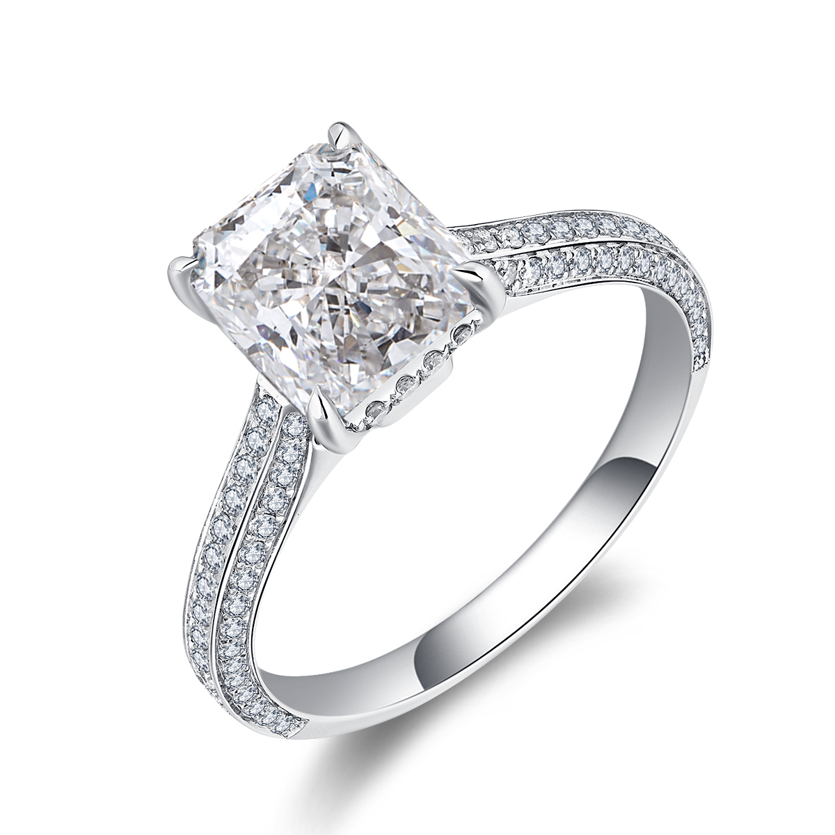 2 Carat Center Stone Radiant Cut Lab Grown Diamond Channel Set Engagement Ring In 18k White Gold (2.4 Ct Tw)-Light Mark