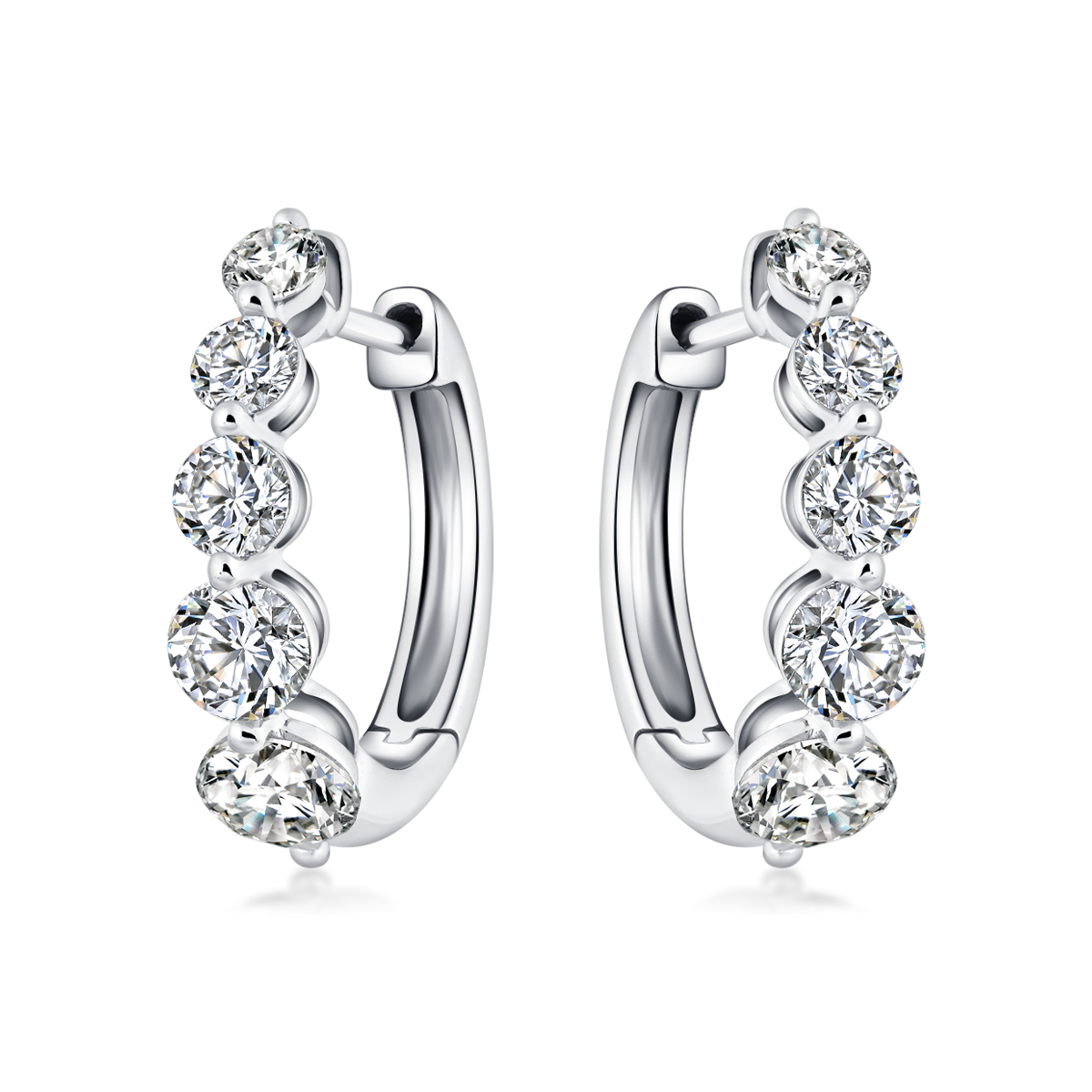 1.2 Total Carat Weight Round Cut 5-Stone Graduated Lab Grown Diamond Huggies Hoop Earrings