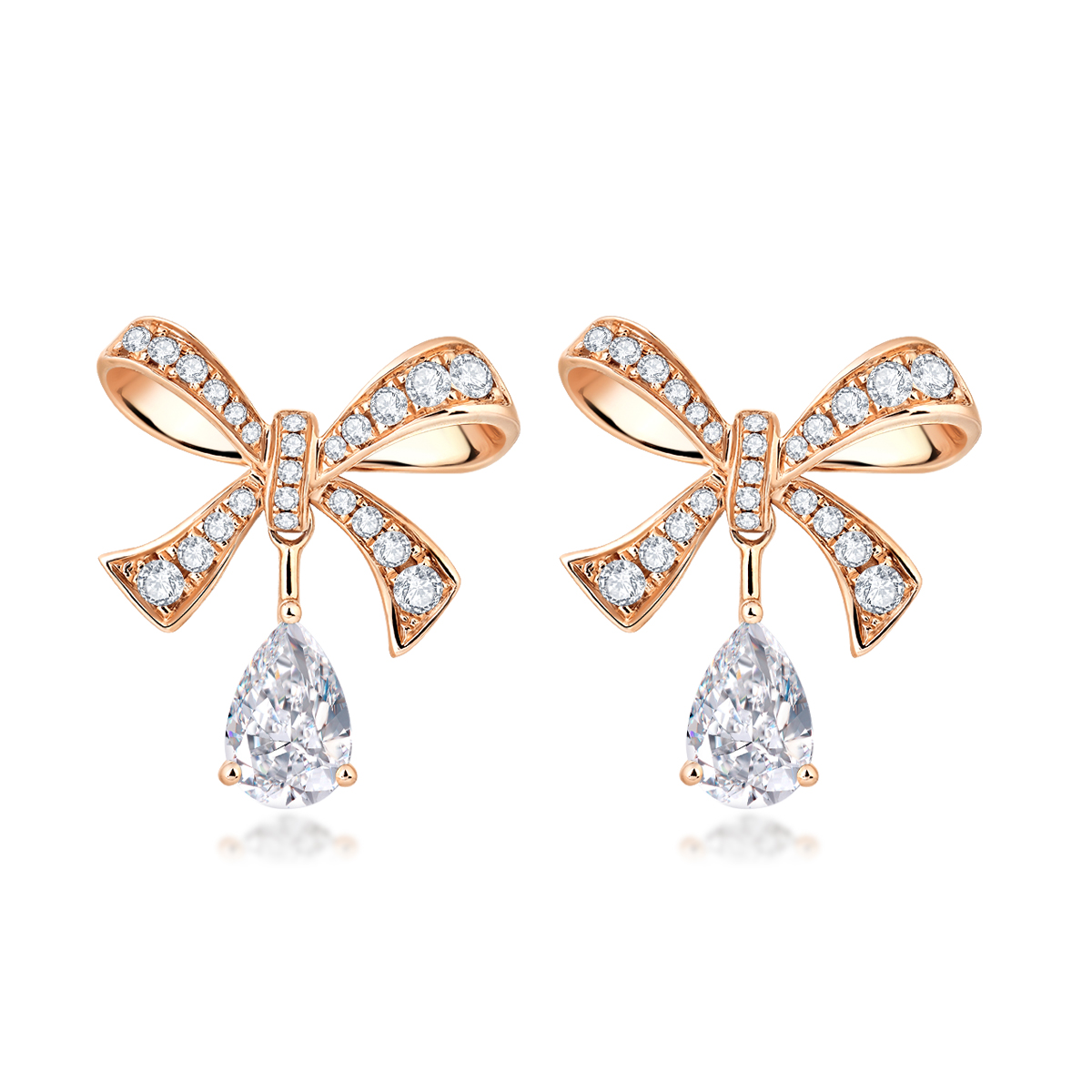 1.2 Carat Total Weight Elegant Diamond Ribbon Bow with Pear Cut Drop Diamond Stud Earrings