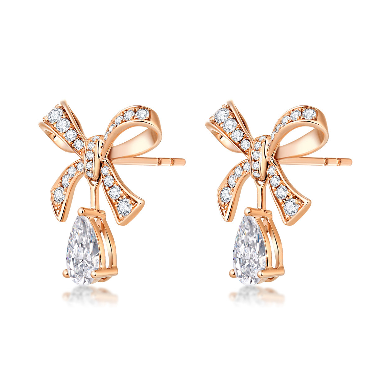 1.2 Carat Total Weight Elegant Diamond Ribbon Bow with Pear Cut Drop Diamond Stud Earrings