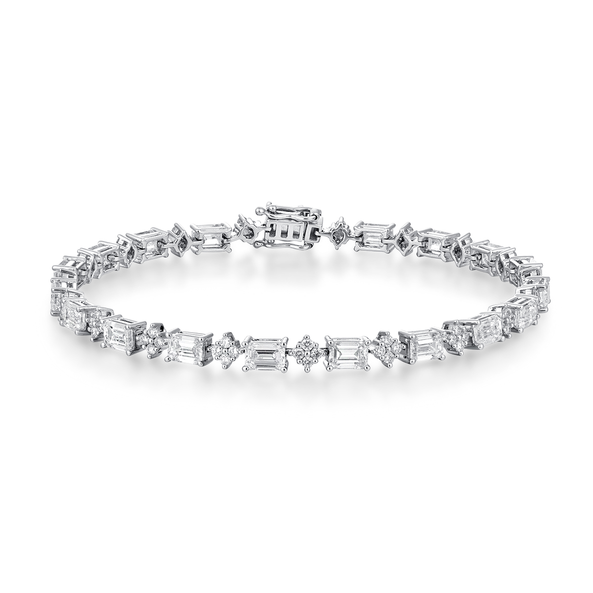 5.5 Carat Total Weight Emerald Cut and Round Cut Lab Grown Diamond Flower Cluster Bracelet-Light Mark