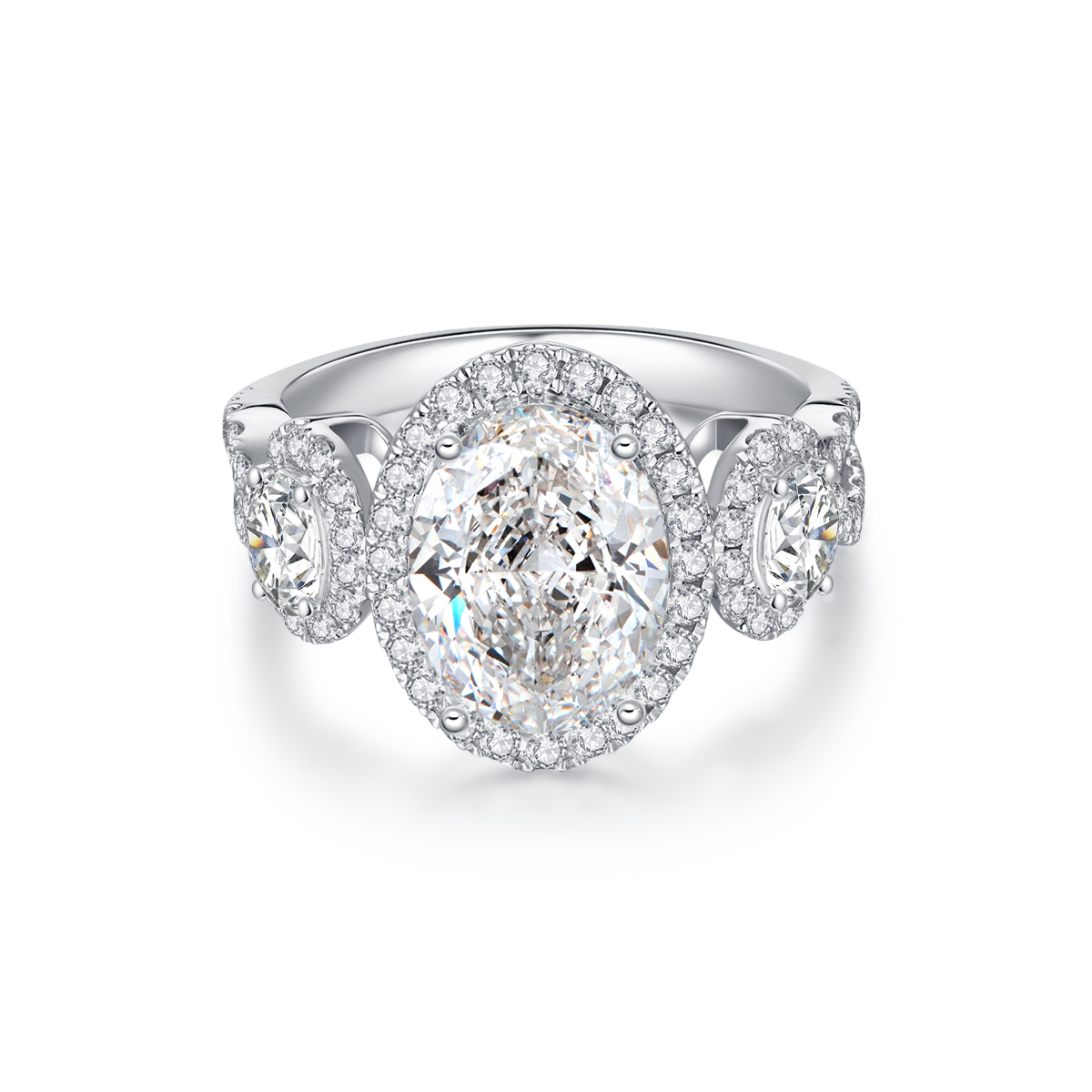 3 Carat Center Stone Halo Oval Cut Lab Grown Diamond Three Stone Engagement Ring (4 Ct Tw)