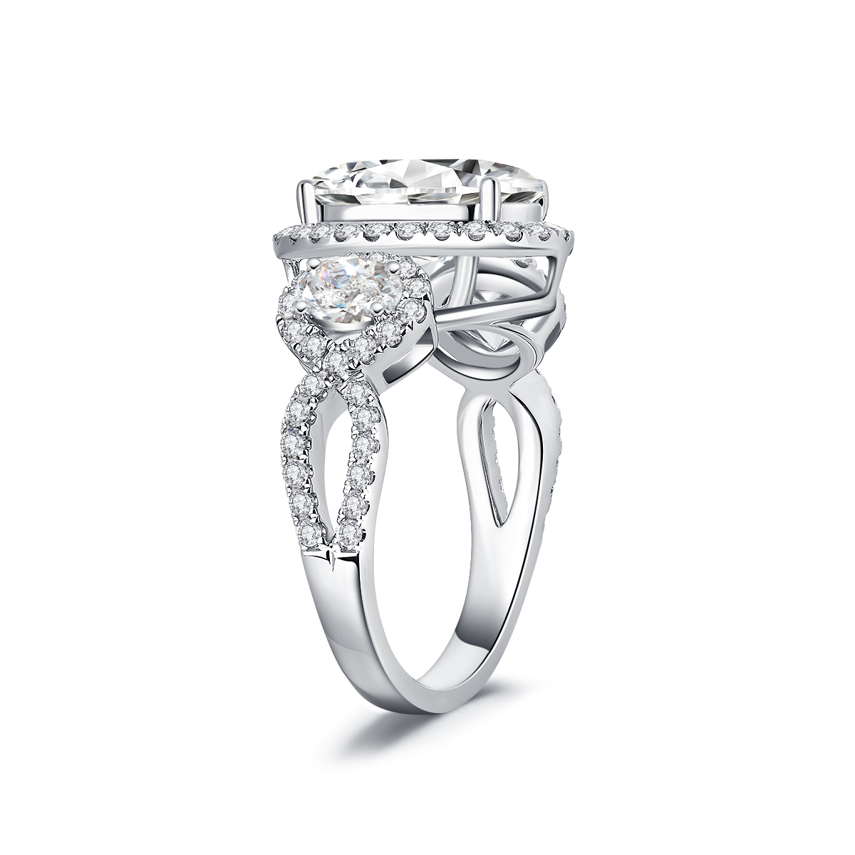 3 Carat Center Stone Halo Oval Cut Lab Grown Diamond Three Stone Engagement Ring (4 Ct Tw)