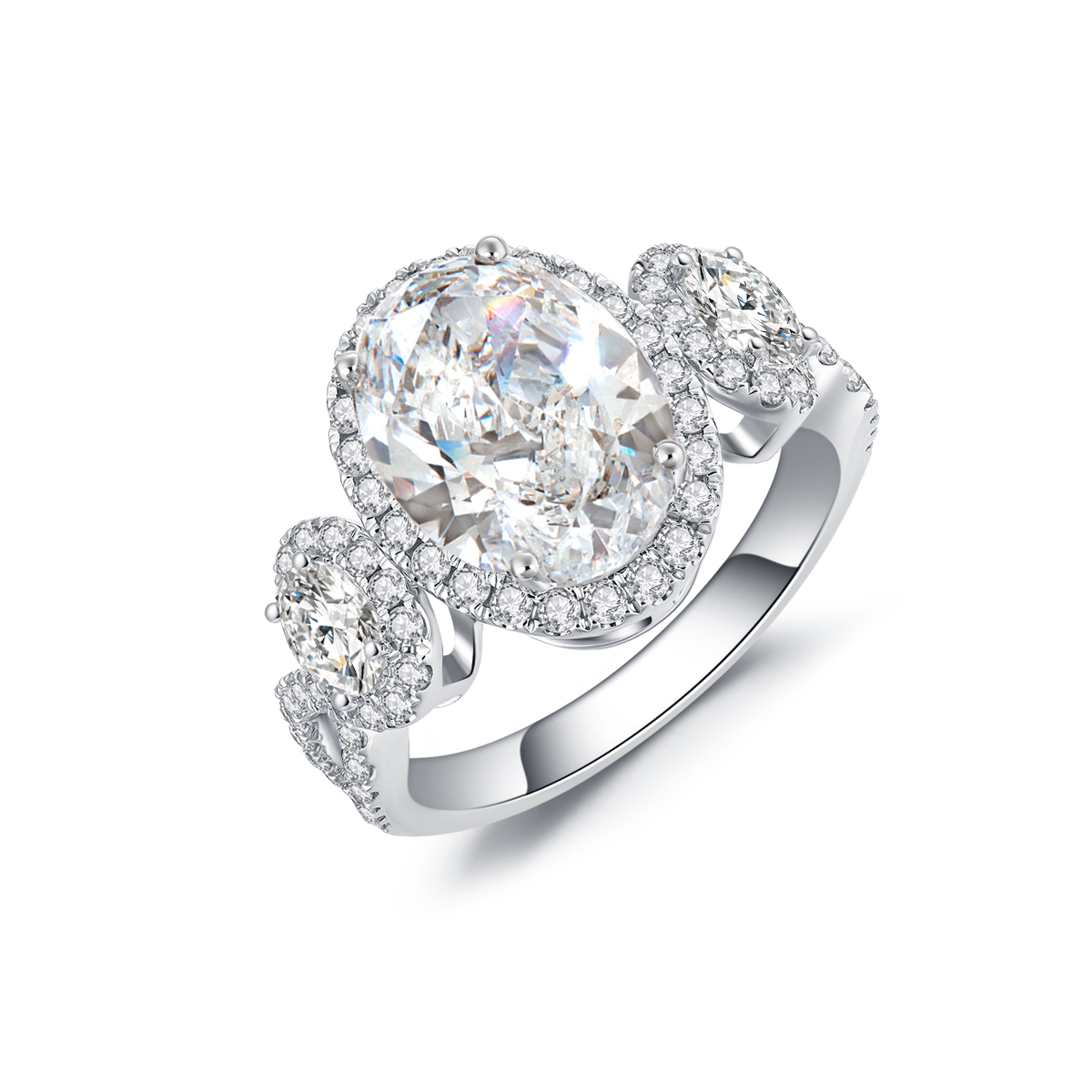 3 Carat Center Stone Halo Oval Cut Lab Grown Diamond Three Stone Engagement Ring (4 Ct Tw)