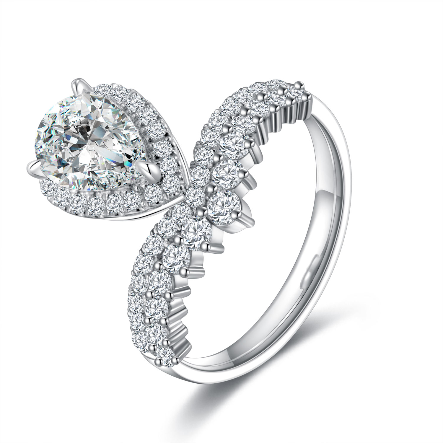 1 Carat Center Stone Halo Pear Cut Lab Grown Diamond V Shape Two Row Engagement Ring (1.6 Ct Tw)-Light Mark