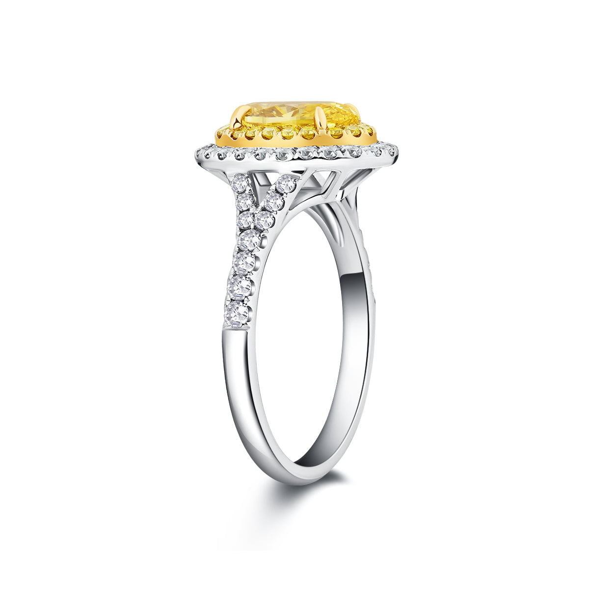 Double Halo Oval Cut Yellow Lab Grown Diamond Engagement Ring in 18k Gold