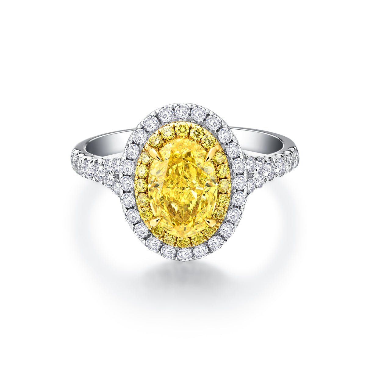 Double Halo Oval Cut Yellow Lab Grown Diamond Engagement Ring in 18k Gold