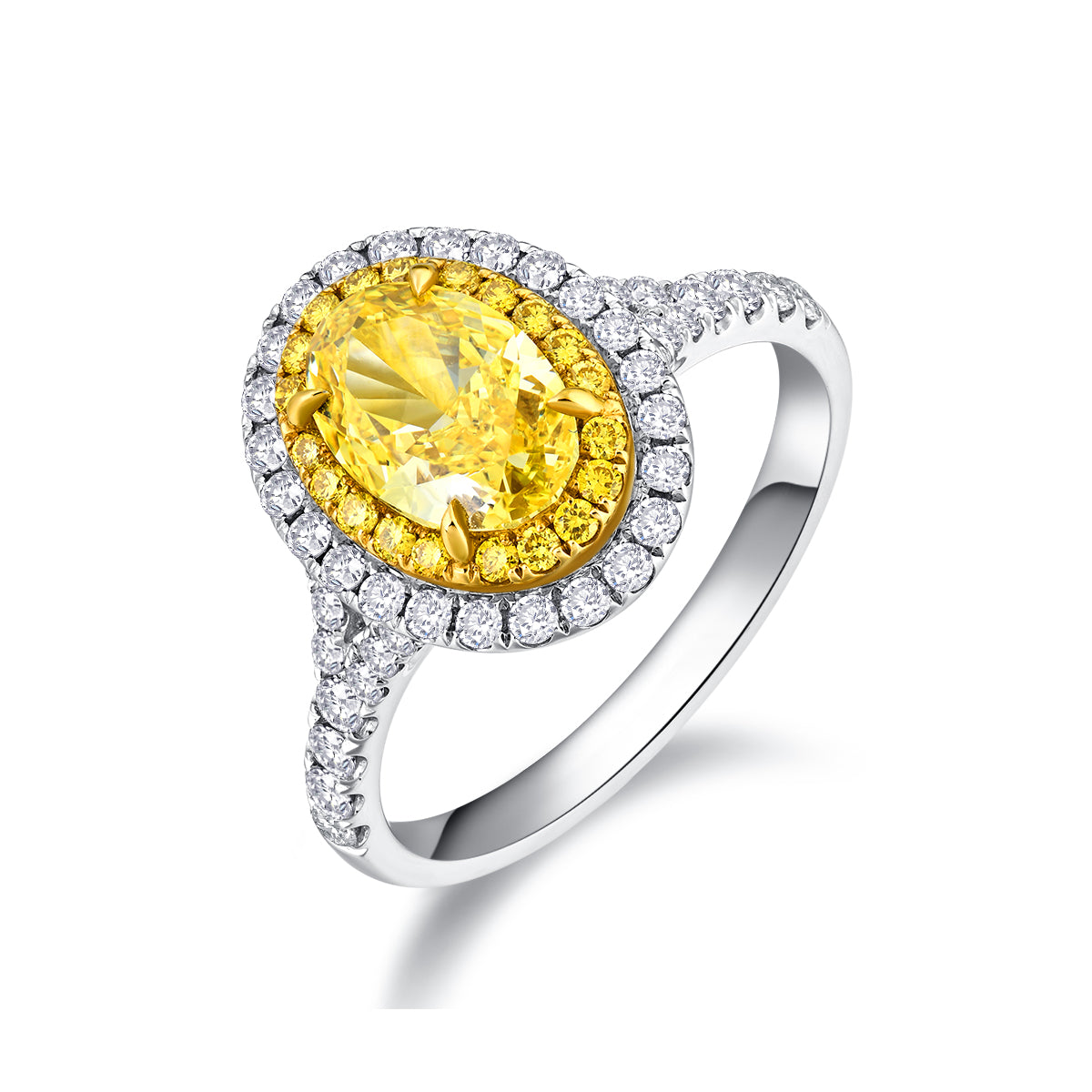 Double Halo Oval Cut Yellow Lab Grown Diamond Engagement Ring in 18k Gold