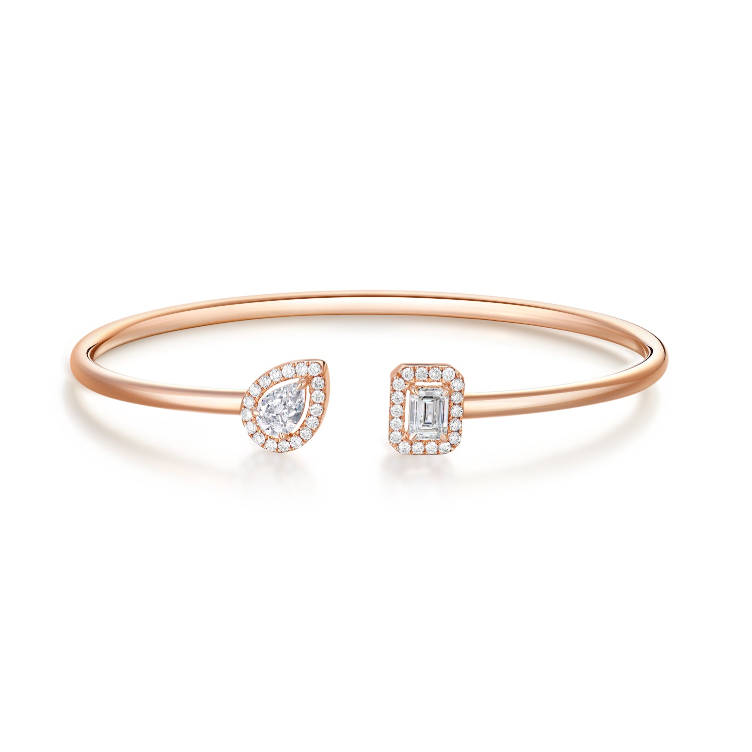 Pear and Emerald Diamond Toi et Moi Open Cuff Bangle in 18k Gold 