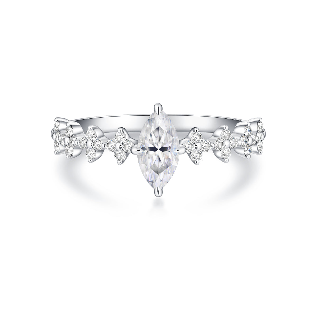 Marquise Cut Lab Grown Diamond Floral Diamond Beaded Band Engagement Ring in 18k Gold