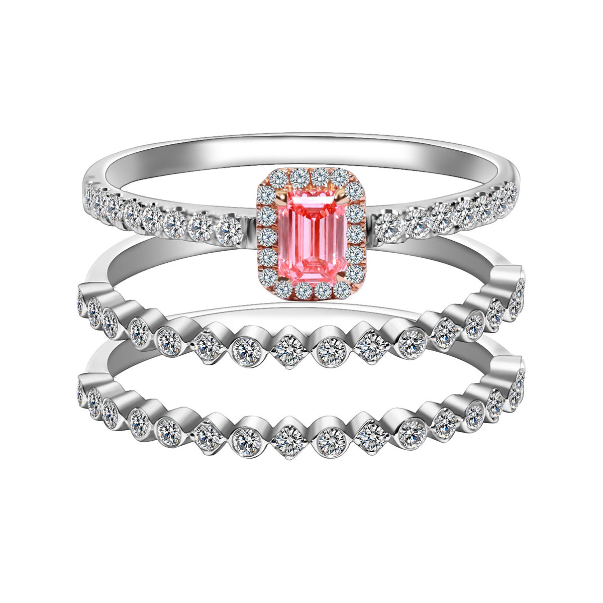 Pink Emerald Cut Lab Grown Diamond 3 Peices Bridal Set Rings( 0.6 Ct Tw)
