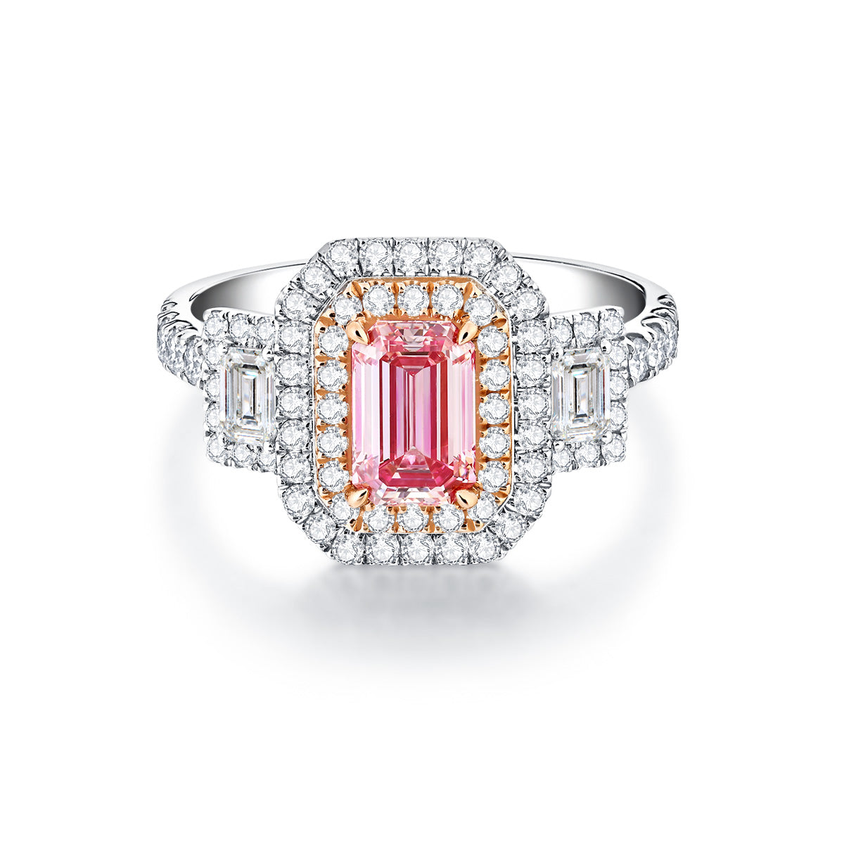 Halo Emerald Cut Pink Lab Three Stone Engagement Ring in 18k Gold ( 1.7 Ct Tw)