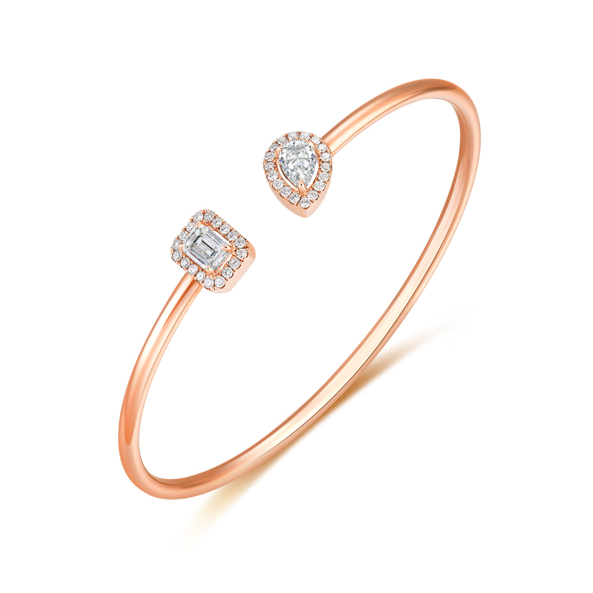 Pear and Emerald Diamond Toi et Moi Open Cuff Bangle in 18k Gold 