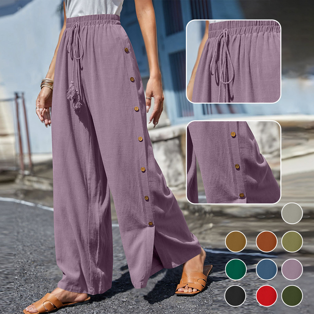 Gentlemenmode™ Modische Damen-Hose mit elastischem Bund und lockerem, geknöpftem weitem Bein