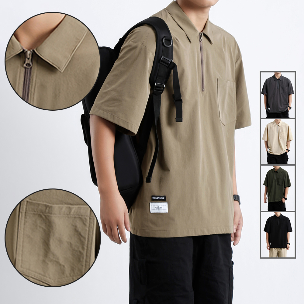 Gentlemenmode™ Sommerloses Herren-Poloshirt mit Revers und Reißverschlusstasche und kurzen Ärmeln