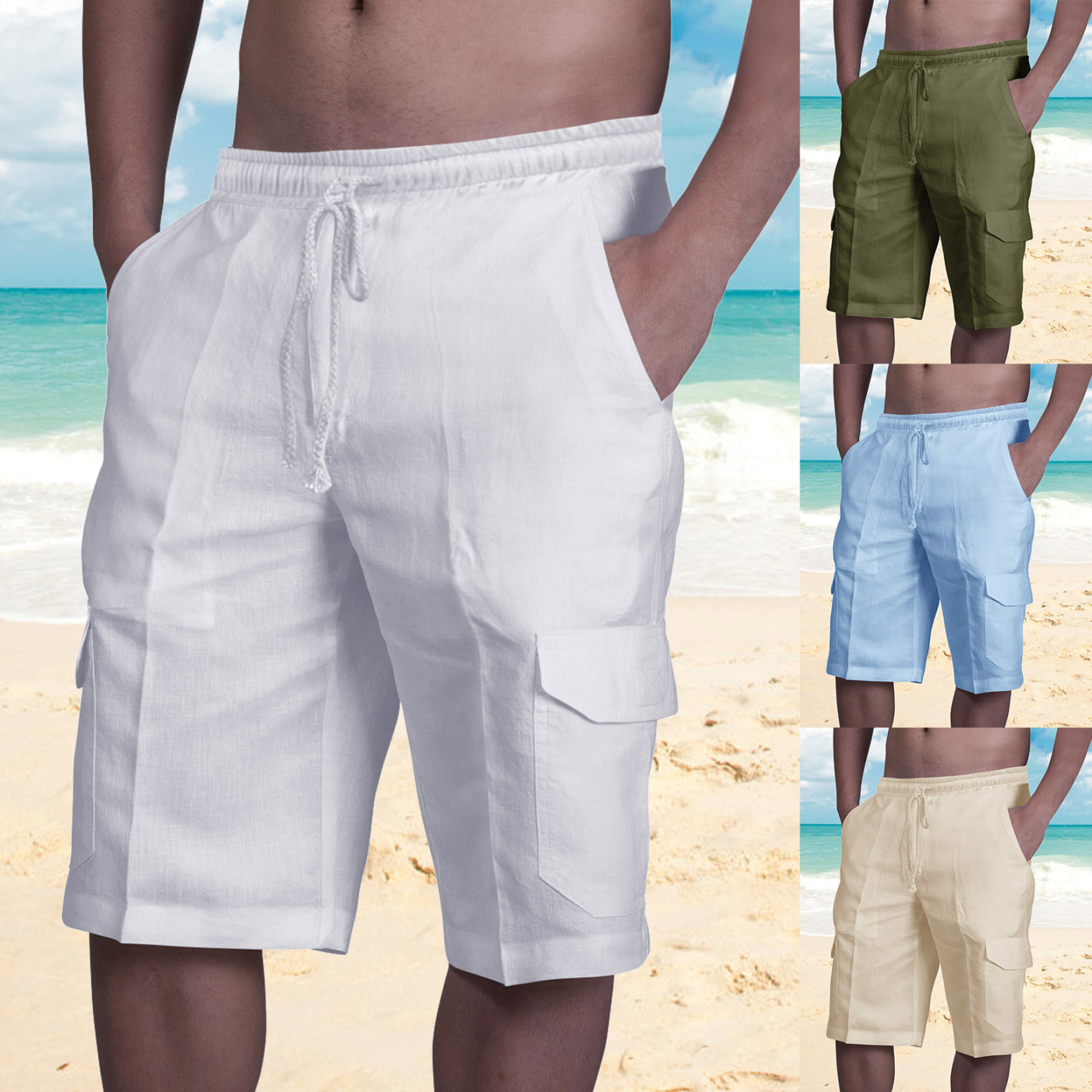 Gentlemenmode™ Neue Herren-Strandshorts aus Baumwolle und Leinen mit mehreren Taschen