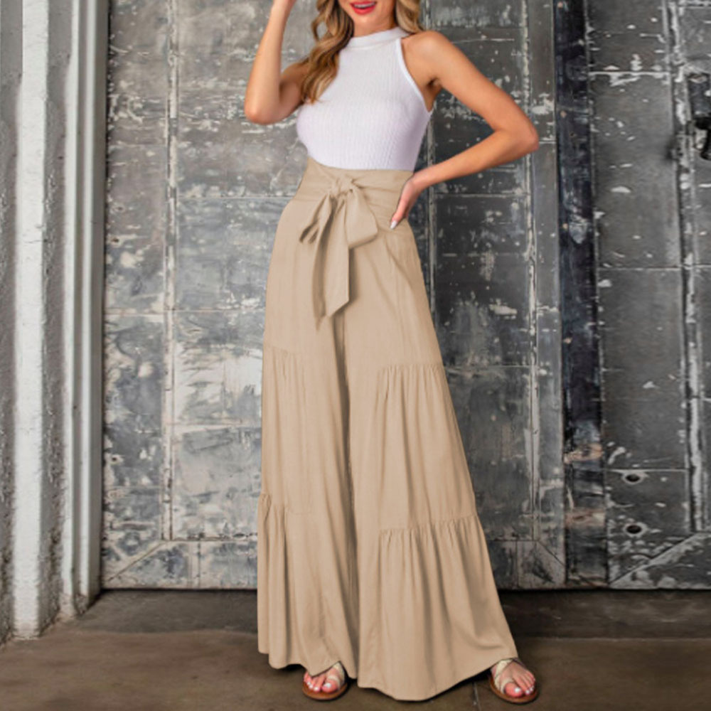 Fashionable Ladies Casual Pleated Wide Leg Pants with Straps