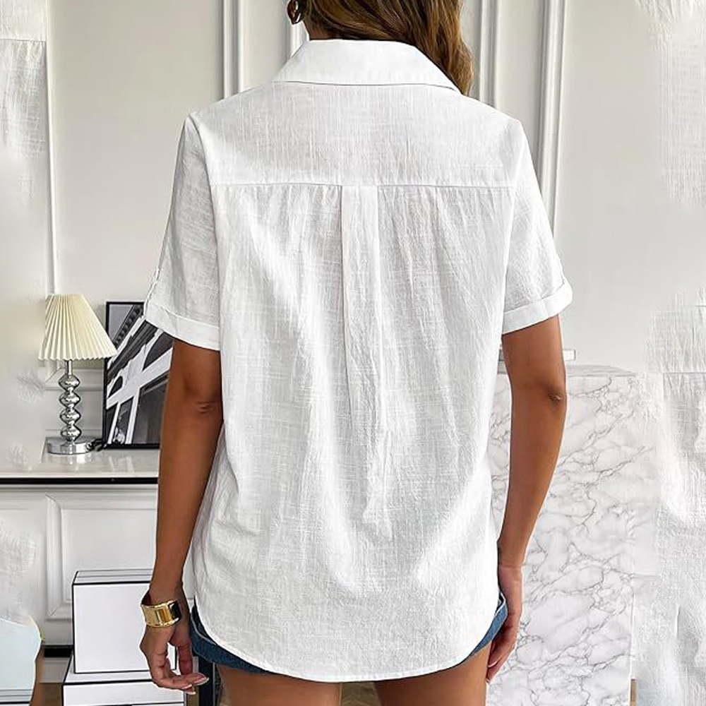 Snelleven 2024 Linnen overhemd gekruld shirt met korte mouwen dames zomer casual v-hals strand katoenen top