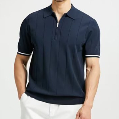 Gentlemenmode™ Kurzärmliges Herren-Poloshirt mit vertikal gestreiftem Revers und Reißverschluss