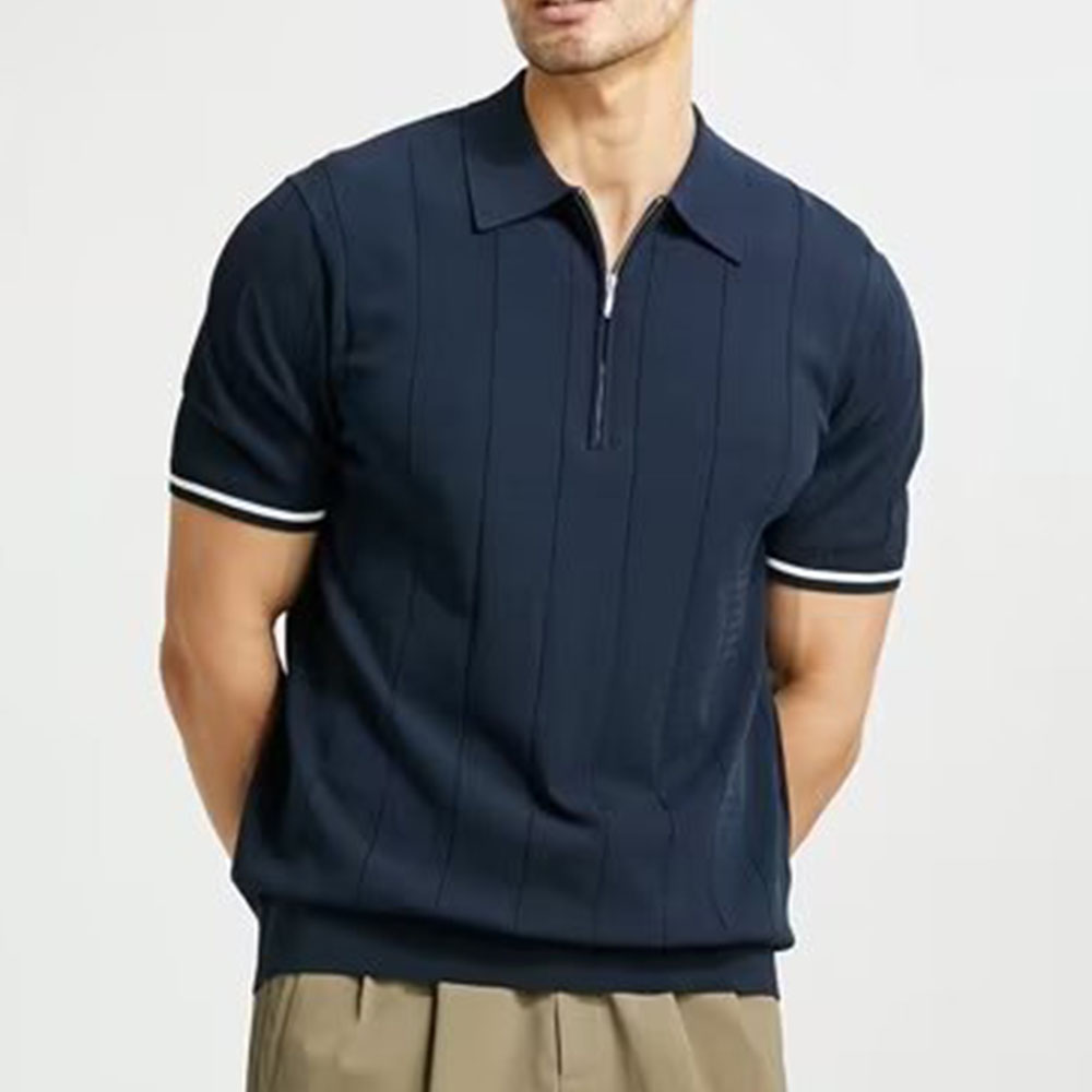 Gentlemenmode™ Kurzärmliges Herren-Poloshirt mit vertikal gestreiftem Revers und Reißverschluss