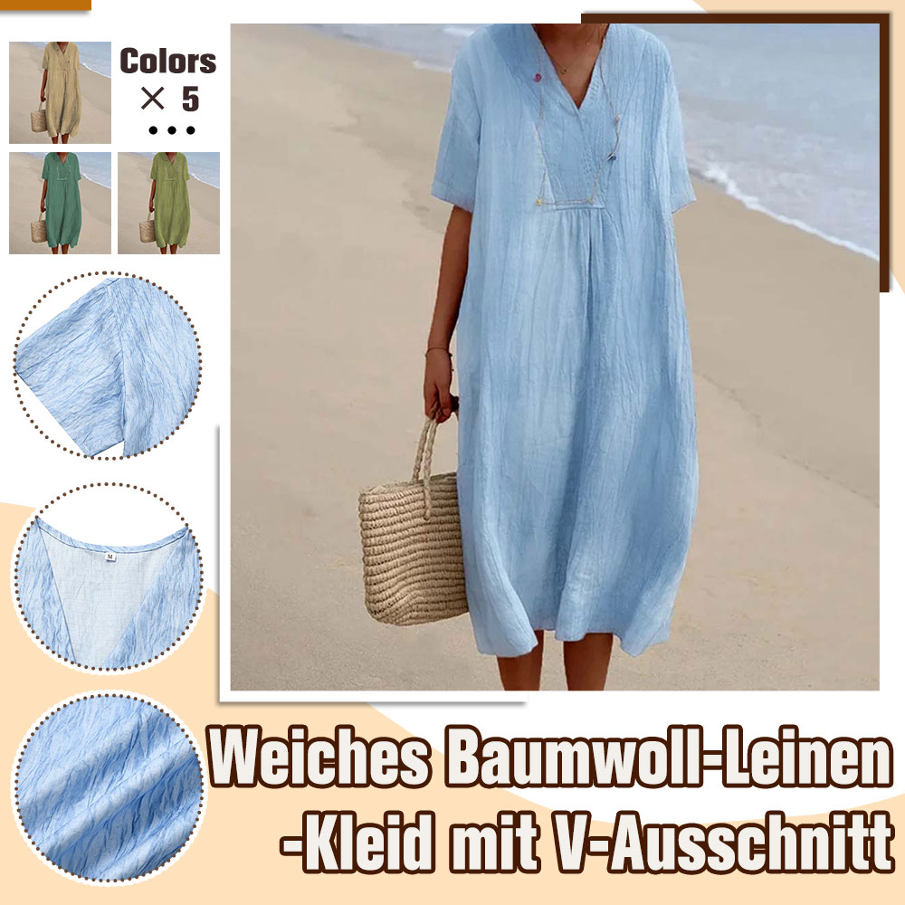 Metallwolke Bequemes Kleid mit V-Ausschnitt aus Baumwolle und Leinen
