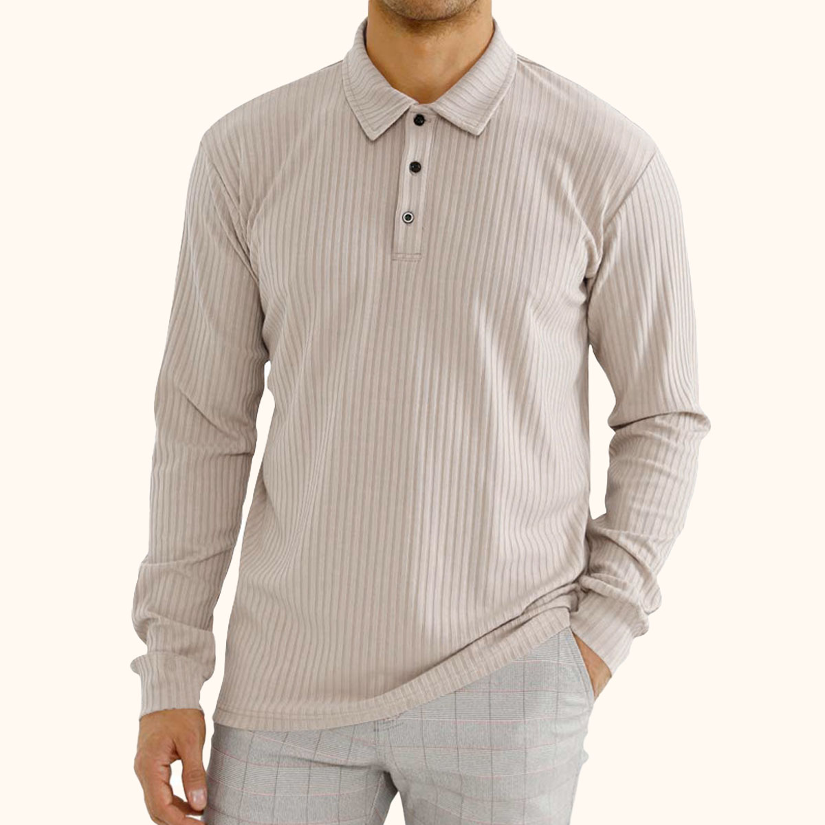 Gentlemenmode™ Langärmliges Herren-Poloshirt mit vertikalen Streifen und Reversknöpfen