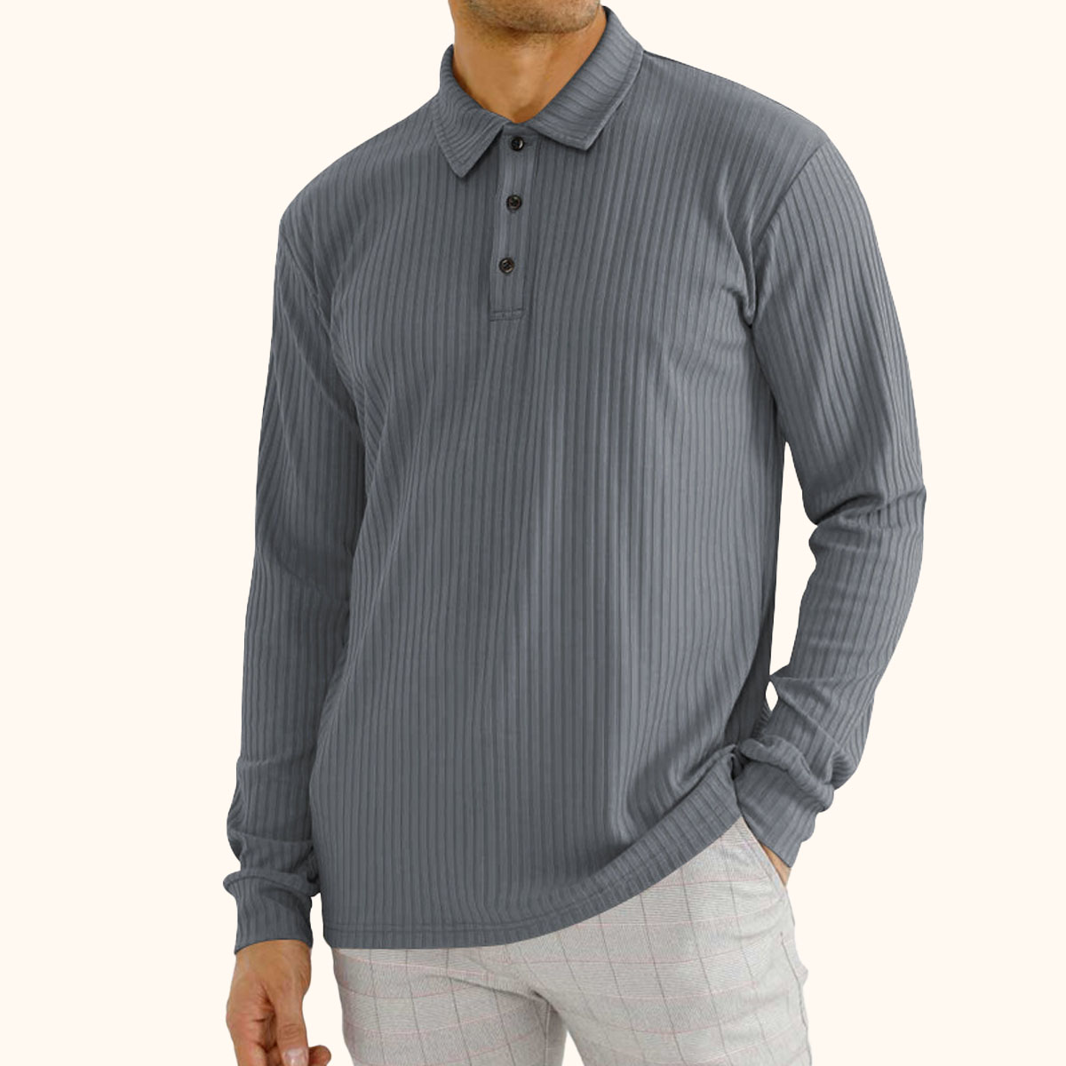 Gentlemenmode™ Langärmliges Herren-Poloshirt mit vertikalen Streifen und Reversknöpfen