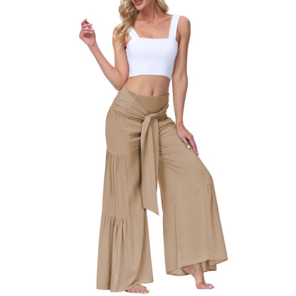 Fashionable Ladies Casual Pleated Wide Leg Pants with Straps