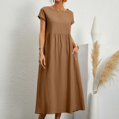 Gentlemenmode™ Einfarbiges Damenkleid aus Baumwolle und Leinen mit weiten Taschen