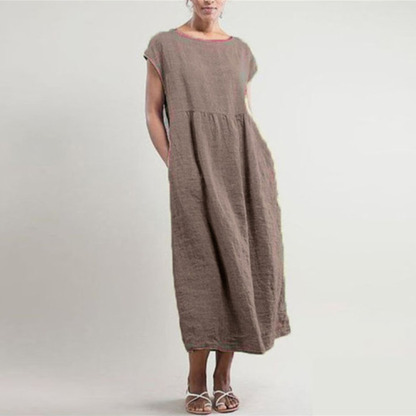 Gentlemenmode™ Einfarbiges Damenkleid aus Baumwolle und Leinen mit weiten Taschen