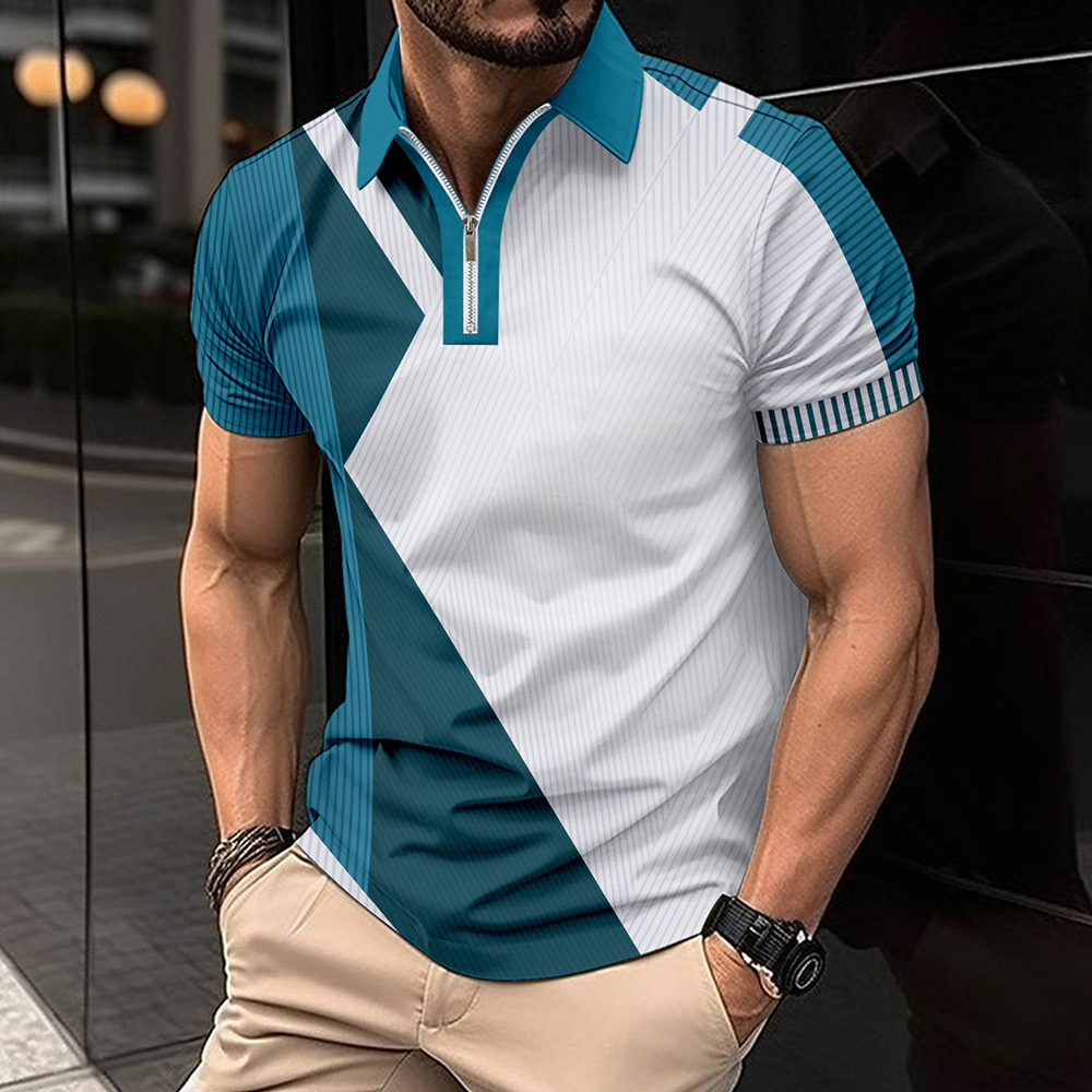 Modisches Herren-Poloshirt mit Revers und Farbblock-Kurzarm